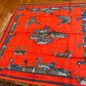 HERMES Paris Elegant crimson red mallard themed silk scarf- IN ORIGINAL BOX-NEW